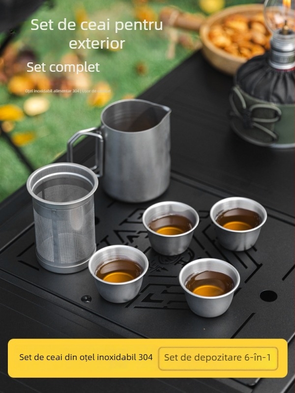 Set ceai exterior din oțel inoxidabil 304, 6 piese, pentru camping/picnic, include ceainic și cești, potrivit pentru fierberea ceaiului pe aragaz