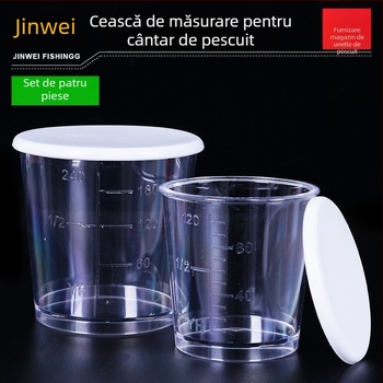 Cană de măsurare pentru momeli de pescuit, set de patru piese, transparentă, cu capac; Kingway Fishing Gear, plastic, etichetă privată licențiabilă