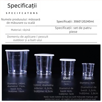 Cană de măsurare pentru momeli de pescuit, set de patru piese, transparentă, cu capac; Kingway Fishing Gear, plastic, etichetă privată licențiabilă