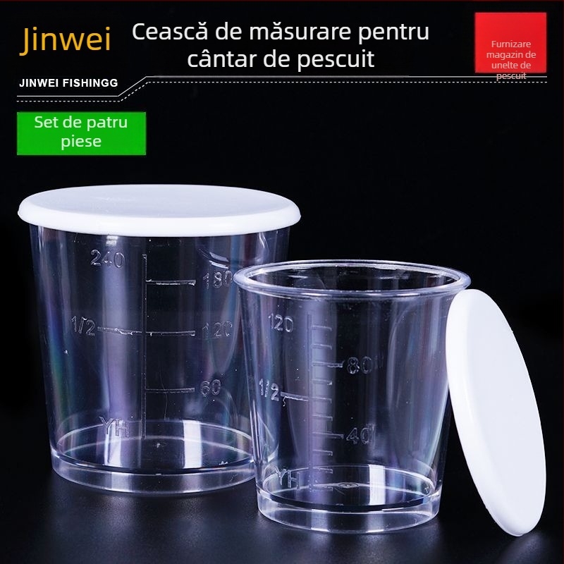 Cană de măsurare pentru momeli de pescuit, set de patru piese, transparentă, cu capac; Kingway Fishing Gear, plastic, etichetă privată licențiabilă