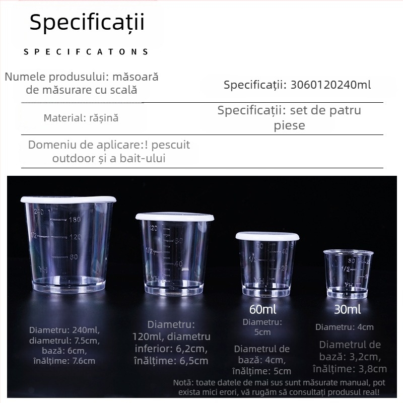 Cană de măsurare pentru momeli de pescuit, set de patru piese, transparentă, cu capac; Kingway Fishing Gear, plastic, etichetă privată licențiabilă