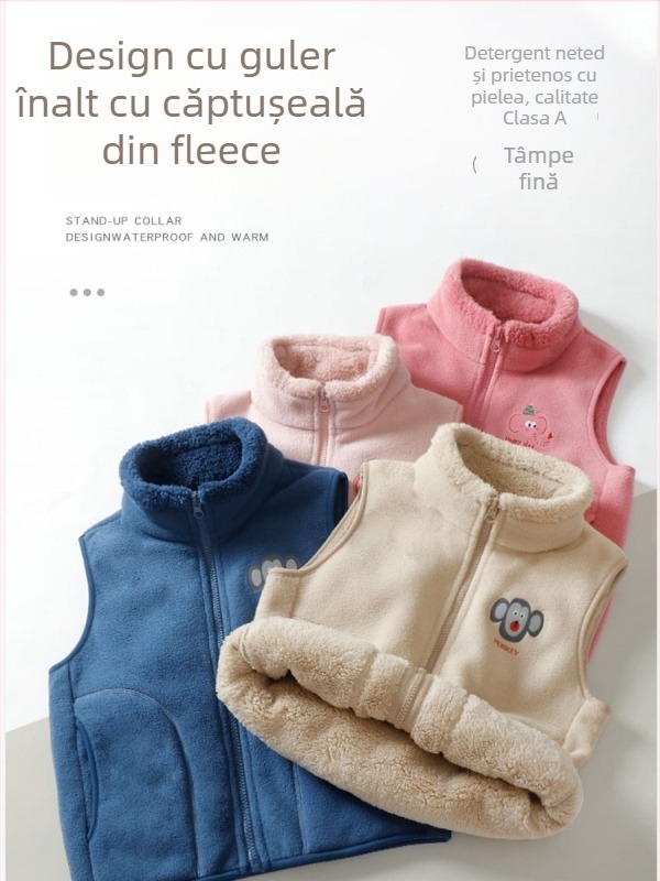 Vesta pentru copii, fără mâneci, căptușită cu fleece, groasă, unisex, fermoar, 100% poliester