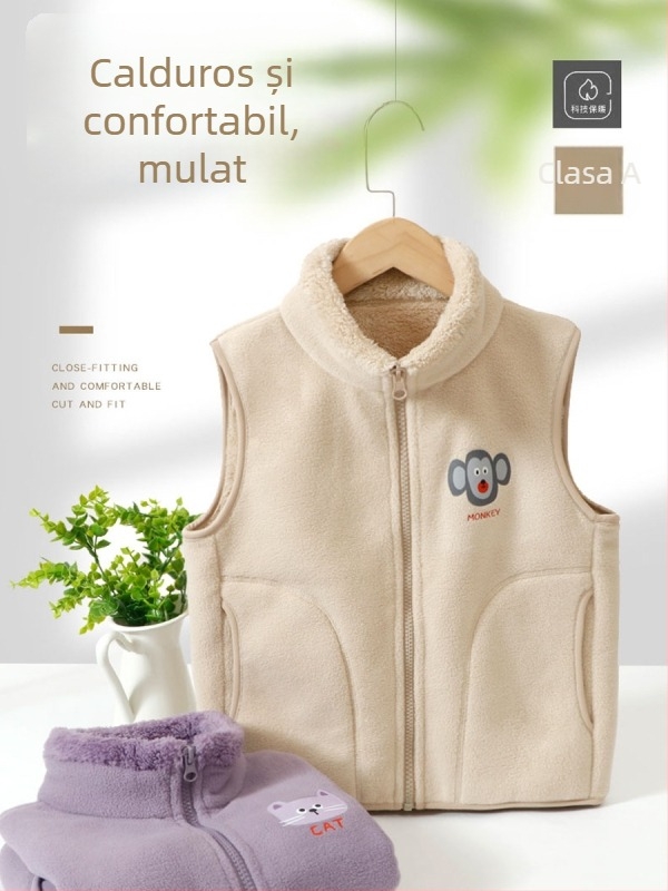 Vesta pentru copii, fără mâneci, căptușită cu fleece, groasă, unisex, fermoar, 100% poliester