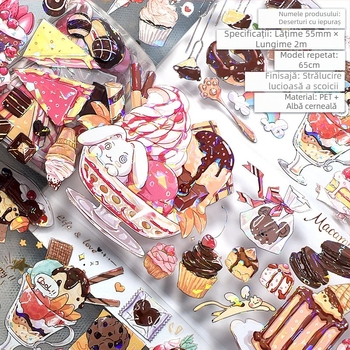 Bandă pentru jurnal cu model drăguț de fructe și deserturi, material PET, stil deserturi gourmet, tehnică Crystal Ink Laser, brand Five Treasures