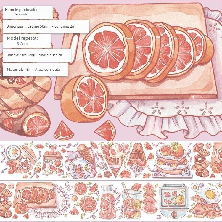 Bandă pentru jurnal cu model drăguț de fructe și deserturi, material PET, stil deserturi gourmet, tehnică Crystal Ink Laser, brand Five Treasures