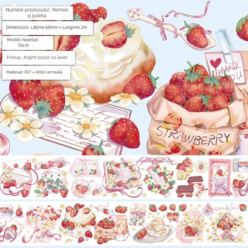 Bandă pentru jurnal cu model drăguț de fructe și deserturi, material PET, stil deserturi gourmet, tehnică Crystal Ink Laser, brand Five Treasures