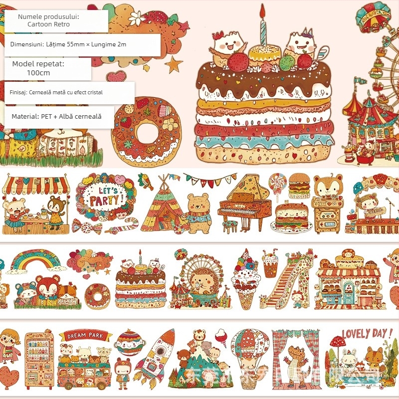 Bandă pentru jurnal cu model drăguț de fructe și deserturi, material PET, stil deserturi gourmet, tehnică Crystal Ink Laser, brand Five Treasures