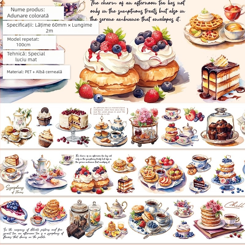 Bandă pentru jurnal cu model drăguț de fructe și deserturi, material PET, stil deserturi gourmet, tehnică Crystal Ink Laser, brand Five Treasures