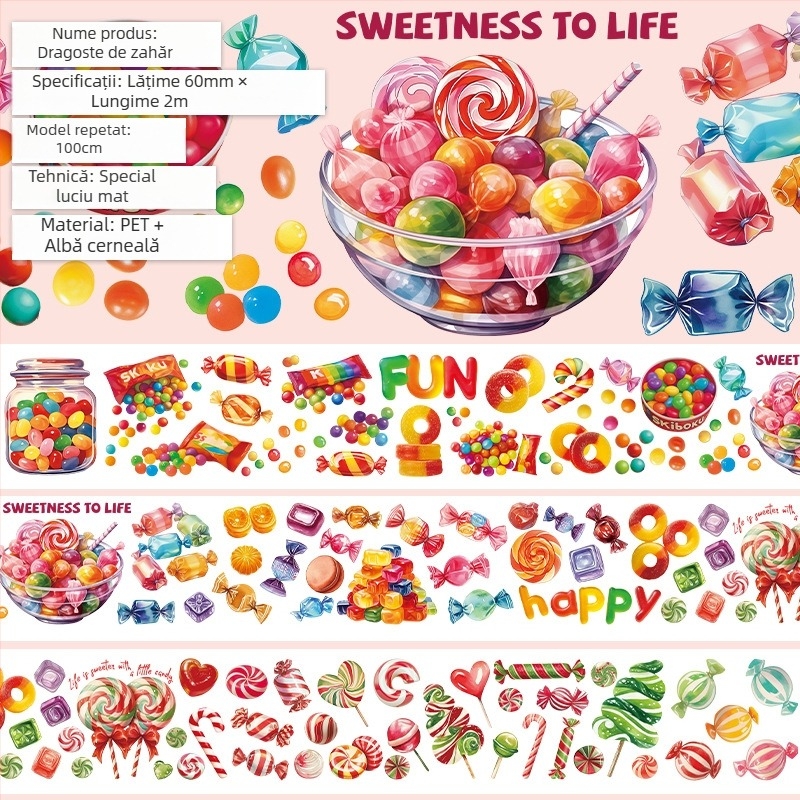 Bandă pentru jurnal cu model drăguț de fructe și deserturi, material PET, stil deserturi gourmet, tehnică Crystal Ink Laser, brand Five Treasures