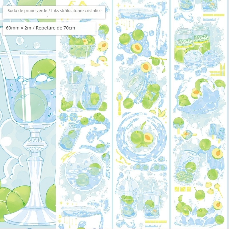 Bandă pentru jurnal cu model drăguț de fructe și deserturi, material PET, stil deserturi gourmet, tehnică Crystal Ink Laser, brand Five Treasures