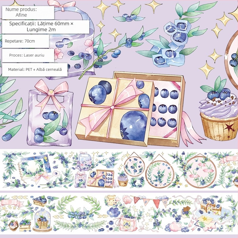 Bandă pentru jurnal cu model drăguț de fructe și deserturi, material PET, stil deserturi gourmet, tehnică Crystal Ink Laser, brand Five Treasures