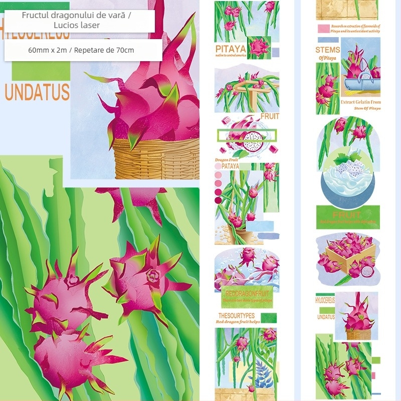 Bandă pentru jurnal cu model drăguț de fructe și deserturi, material PET, stil deserturi gourmet, tehnică Crystal Ink Laser, brand Five Treasures