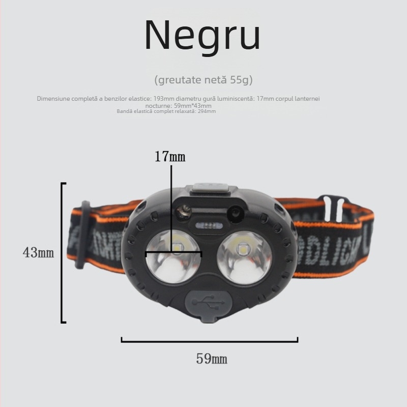 Frontala LED reîncărcabilă, impermeabilă, rază de 100 m, autonomie 3–6 ore, greutate 55 g