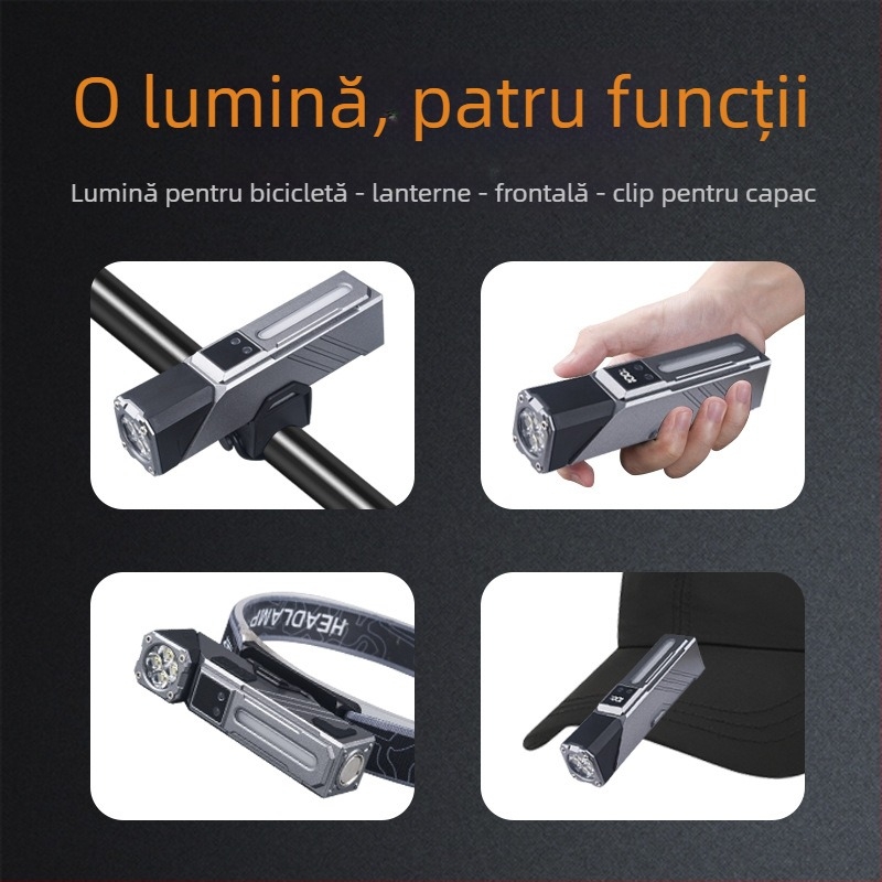 Far frontal cu LED reîncărcabil, montat pe cap, reglabil în unghiuri multiple, corp ABS, rază 100–200 m