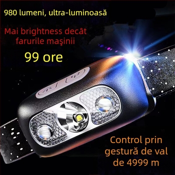 Frontala de cap cu LED COB, corp din aluminiu, alimentare prin energie cinetică acționată manual, rază până la 500 m, lampă compactă pentru pescuit nocturn
