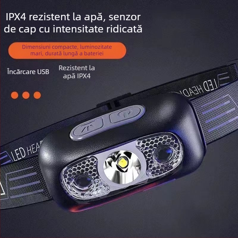 Frontala de cap cu LED COB, corp din aluminiu, alimentare prin energie cinetică acționată manual, rază până la 500 m, lampă compactă pentru pescuit nocturn
