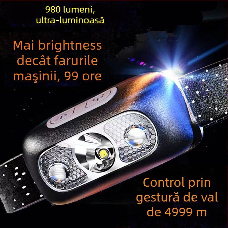 Frontala de cap cu LED COB, corp din aluminiu, alimentare prin energie cinetică acționată manual, rază până la 500 m, lampă compactă pentru pescuit nocturn