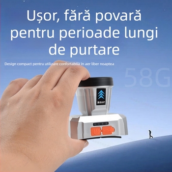 Frontala LED reîncărcabilă pentru copii – ușoară 58 g, impermeabilă, fascicul 100–300 m, curea în formă de T