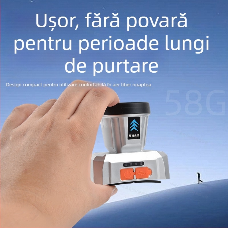 Frontala LED reîncărcabilă pentru copii – ușoară 58 g, impermeabilă, fascicul 100–300 m, curea în formă de T