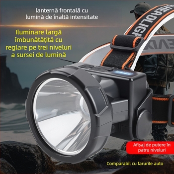 Lumină frontală LED reîncărcabilă, rezistentă la apă, 10W, baterie 800–1600 mAh, montată pe cap, rază fascicul 100–200 m