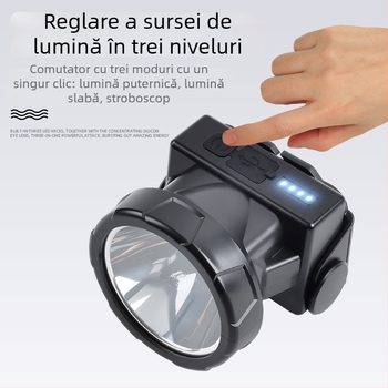 Lumină frontală LED reîncărcabilă, rezistentă la apă, 10W, baterie 800–1600 mAh, montată pe cap, rază fascicul 100–200 m