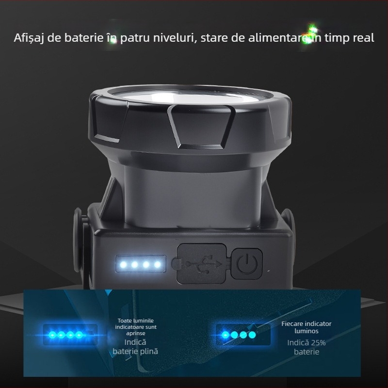 Lumină frontală LED reîncărcabilă, rezistentă la apă, 10W, baterie 800–1600 mAh, montată pe cap, rază fascicul 100–200 m