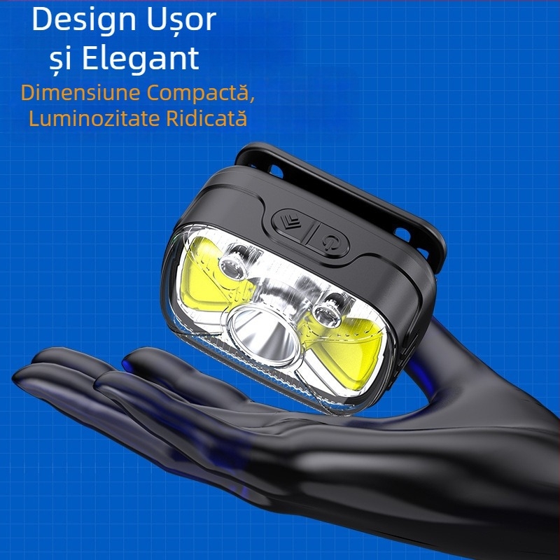 Lampa frontală LED pentru camping – 10W, baterie 1200 mAh, încărcare Type-C, rază 100–200 m