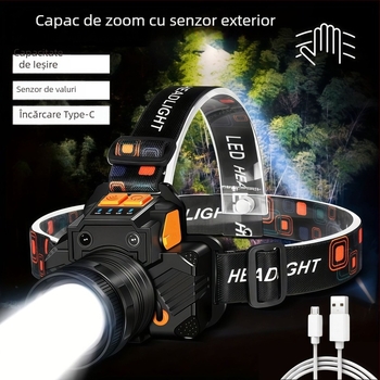Lanternă frontală LED pentru exterior cu rotire de 360°, impermeabilă, reîncărcabilă 2400mAh, corp din aliaj de aluminiu, rază 100–200 m