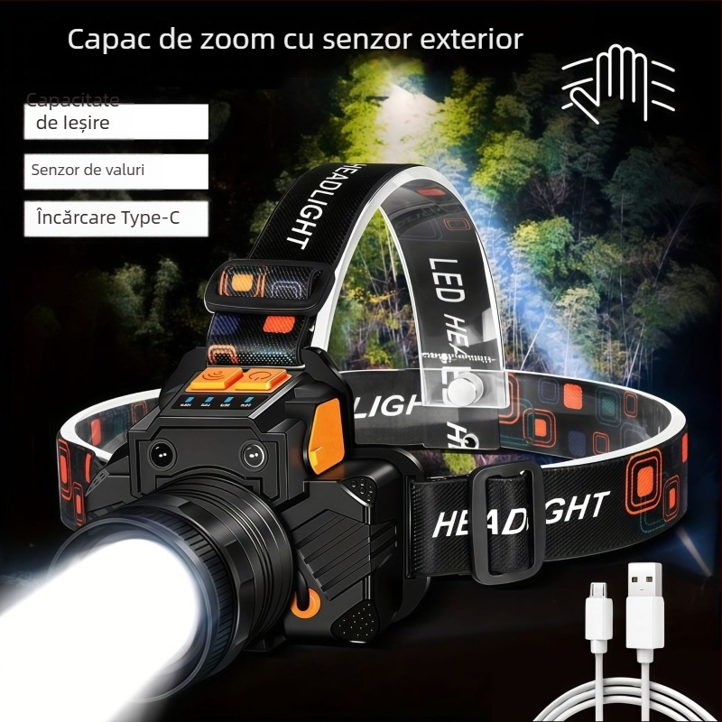 Lanternă frontală LED pentru exterior cu rotire de 360°, impermeabilă, reîncărcabilă 2400mAh, corp din aliaj de aluminiu, rază 100–200 m