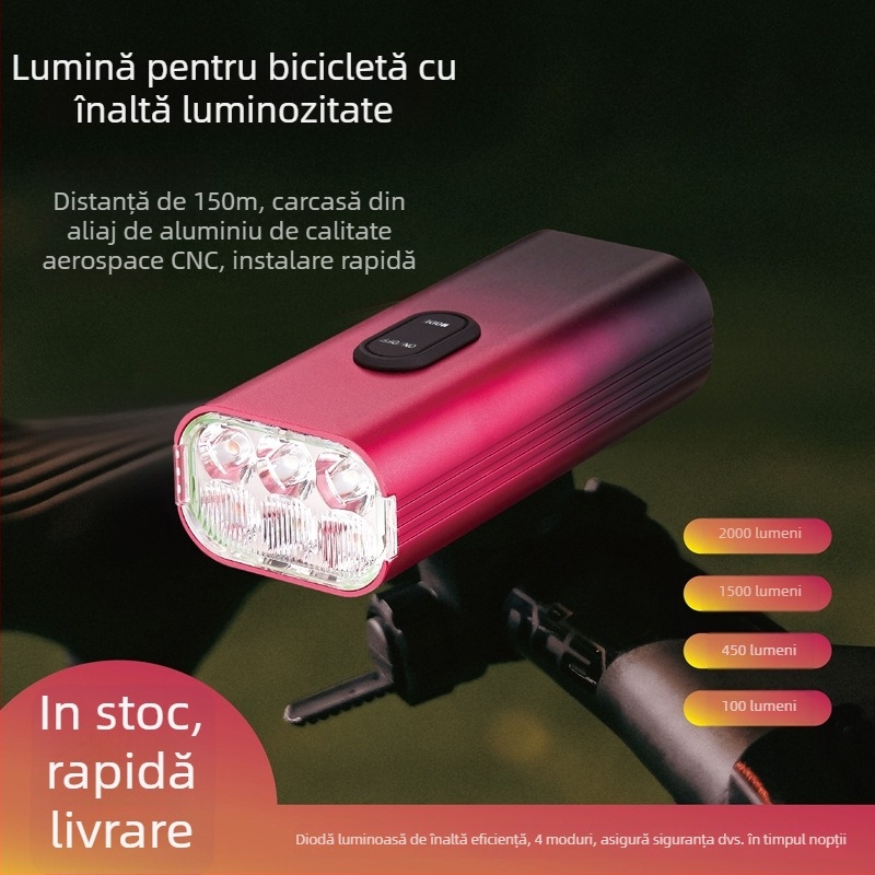 Faro frontal pentru bicicletă, LED, 2000 lumeni, corp din aliaj de aluminiu, încărcare Type-C, 10000 mAh, rezistent la apă