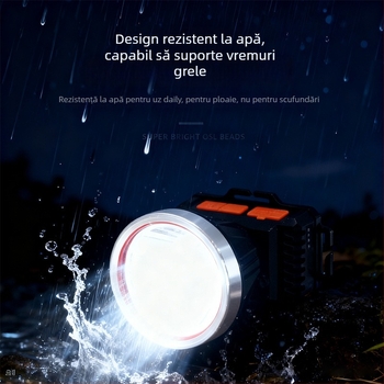 Frontala LED, baterie reîncărcabilă 2400 mAh, rotație 360°, rezistentă la apă, rază de 100–200 m