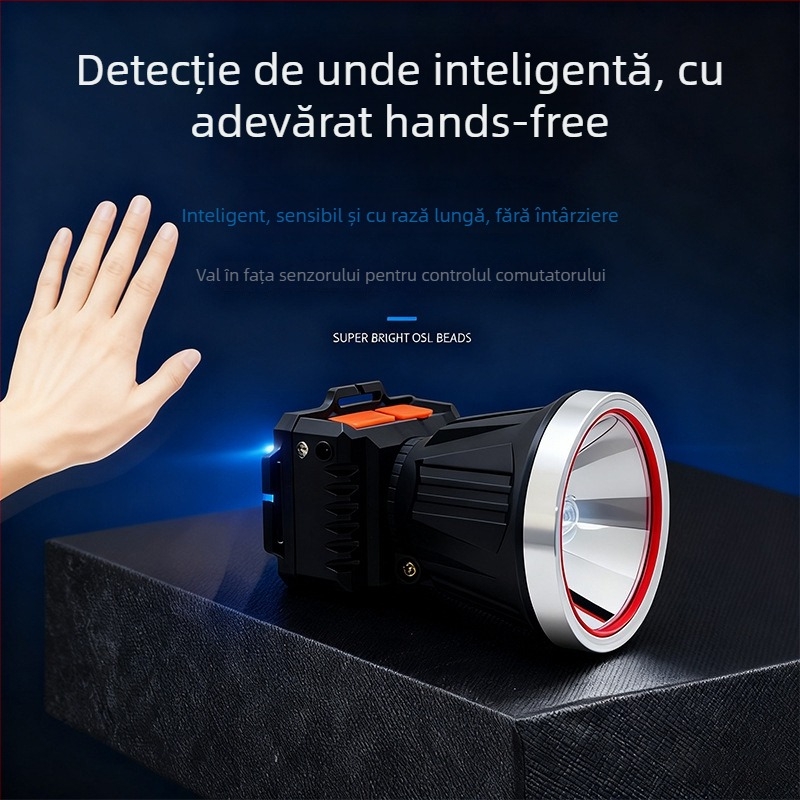 Frontala LED, baterie reîncărcabilă 2400 mAh, rotație 360°, rezistentă la apă, rază de 100–200 m