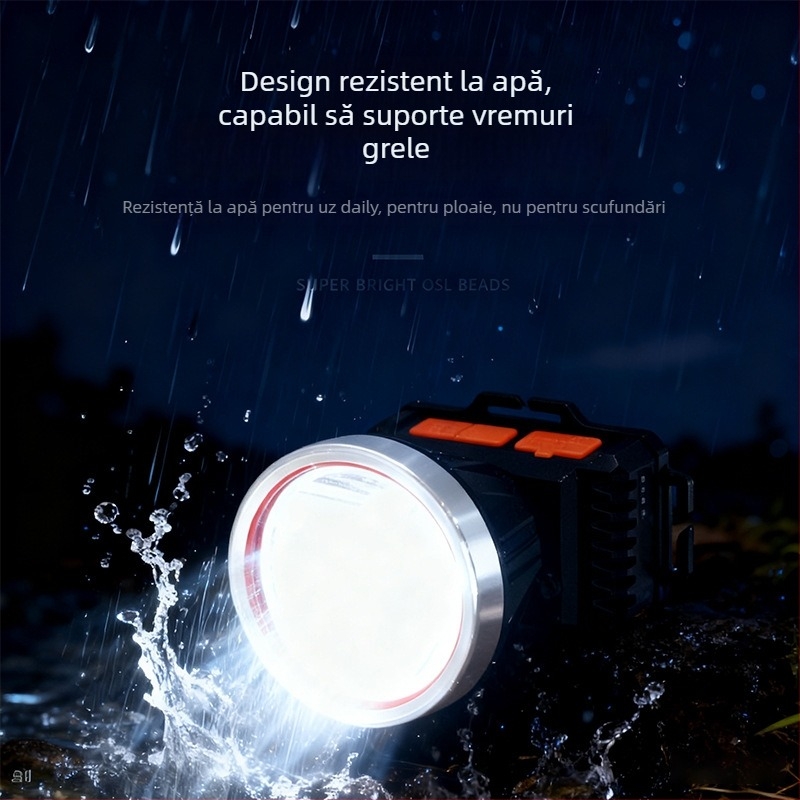 Frontala LED, baterie reîncărcabilă 2400 mAh, rotație 360°, rezistentă la apă, rază de 100–200 m