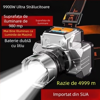 Frontala LED pentru cap, 10W, reîncărcabilă, rezistentă la apă, rază 100–200 m