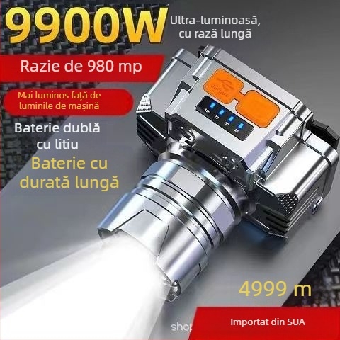 Frontala LED pentru cap, 10W, reîncărcabilă, rezistentă la apă, rază 100–200 m