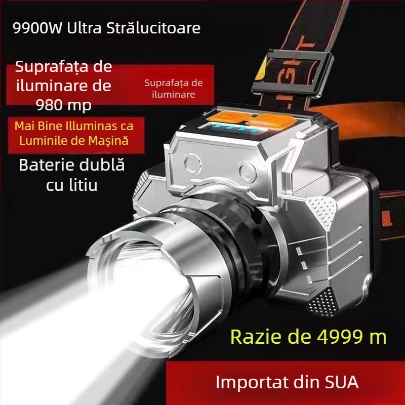 Frontala LED pentru cap, 10W, reîncărcabilă, rezistentă la apă, rază 100–200 m