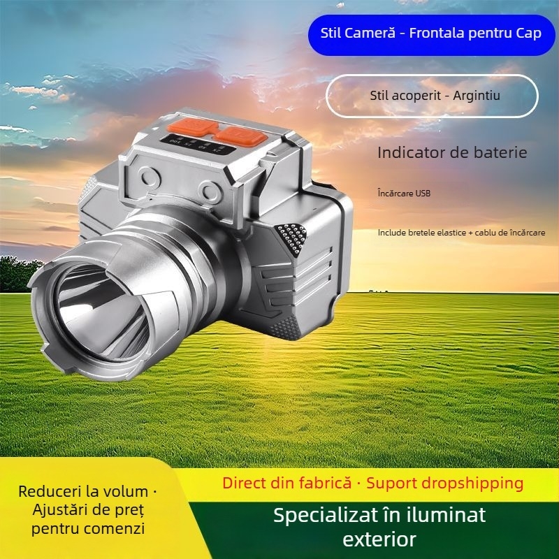 Frontala LED pentru cap, 10W, reîncărcabilă, rezistentă la apă, rază 100–200 m