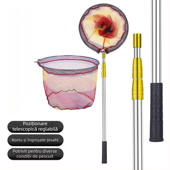 Plasă de pescuit din oțel inoxidabil – set complet cu tijă pliabilă și tijă telescopică, plasă adâncă, plasă cu ochiuri fine; Diametrul deschiderii plasei: vezi detalii; Adâncimea plasei: vezi detalii