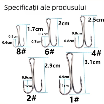 Set de 50 de cârlige de pescuit cu două cârlige, cu vârfuri zimțate, pentru râuri, lacuri, rezervoare, iazuri și pâraie