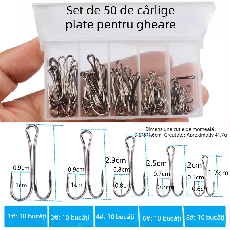 Set de 50 de cârlige de pescuit cu două cârlige, cu vârfuri zimțate, pentru râuri, lacuri, rezervoare, iazuri și pâraie
