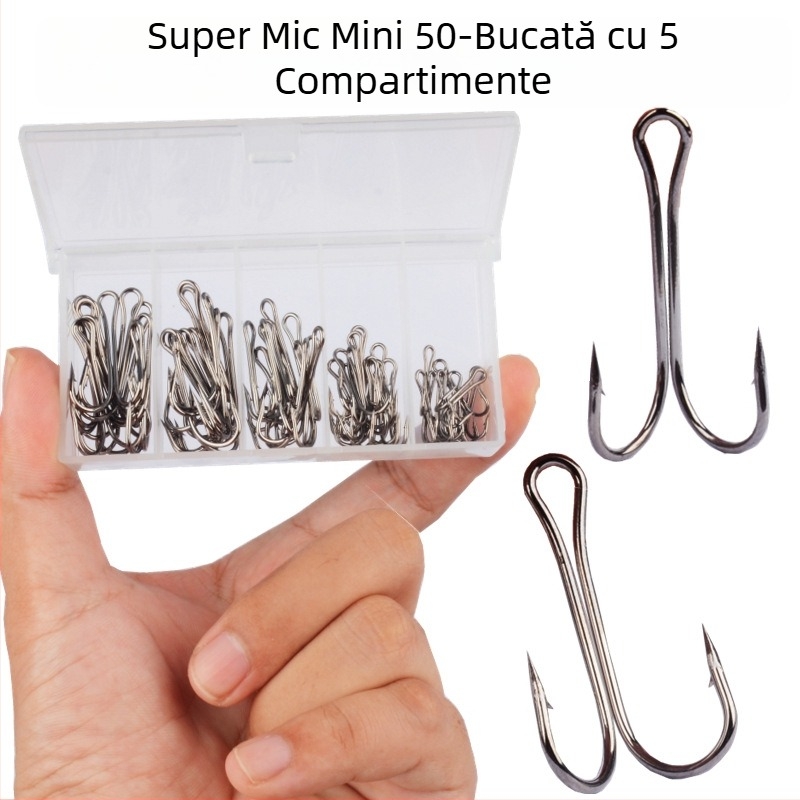 Set de 50 de cârlige de pescuit cu două cârlige, cu vârfuri zimțate, pentru râuri, lacuri, rezervoare, iazuri și pâraie