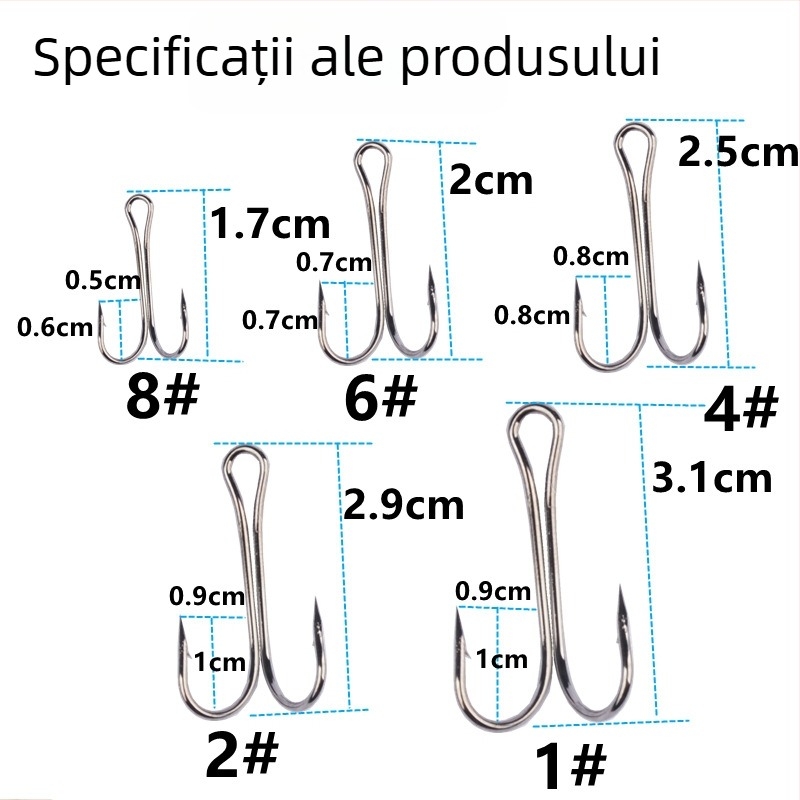 Set de 50 de cârlige de pescuit cu două cârlige, cu vârfuri zimțate, pentru râuri, lacuri, rezervoare, iazuri și pâraie