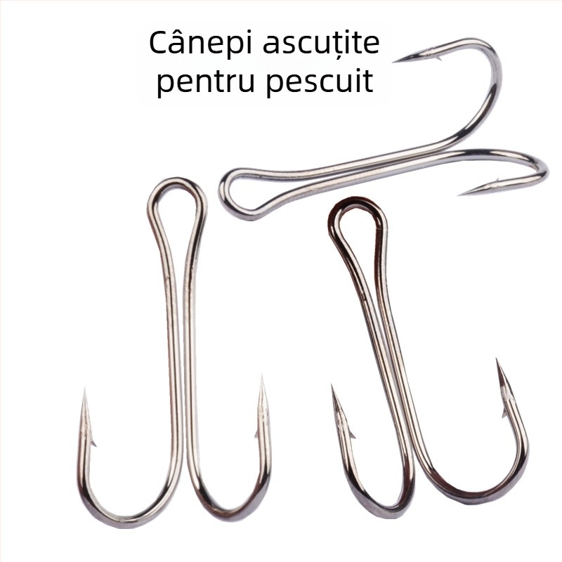 Set de 50 de cârlige de pescuit cu două cârlige, cu vârfuri zimțate, pentru râuri, lacuri, rezervoare, iazuri și pâraie