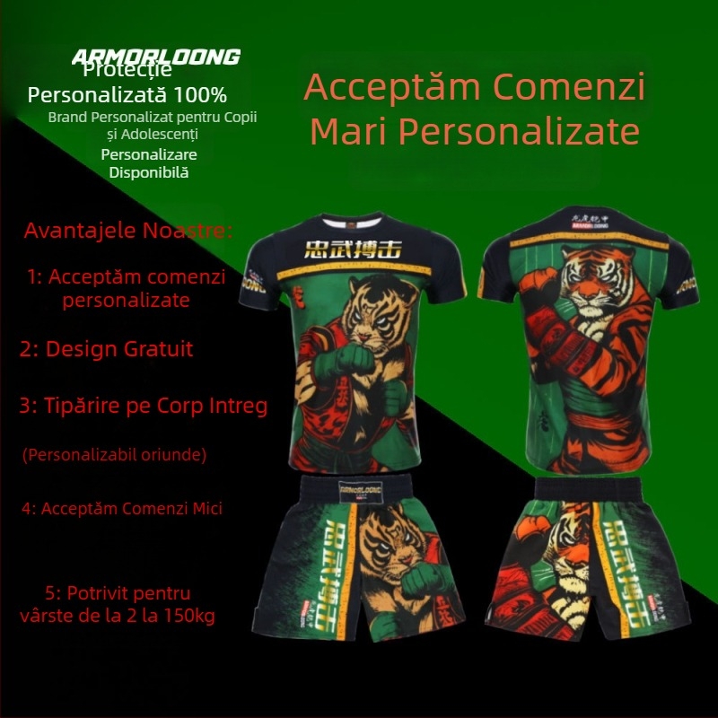 Set de antrenament MMA/Jiu-Jitsu/Muay Thai — imprimat, poliester cu uscare rapidă, unisex, mâneci scurte, guler rotund, îmbrăcăminte fitness pentru toate anotimpurile