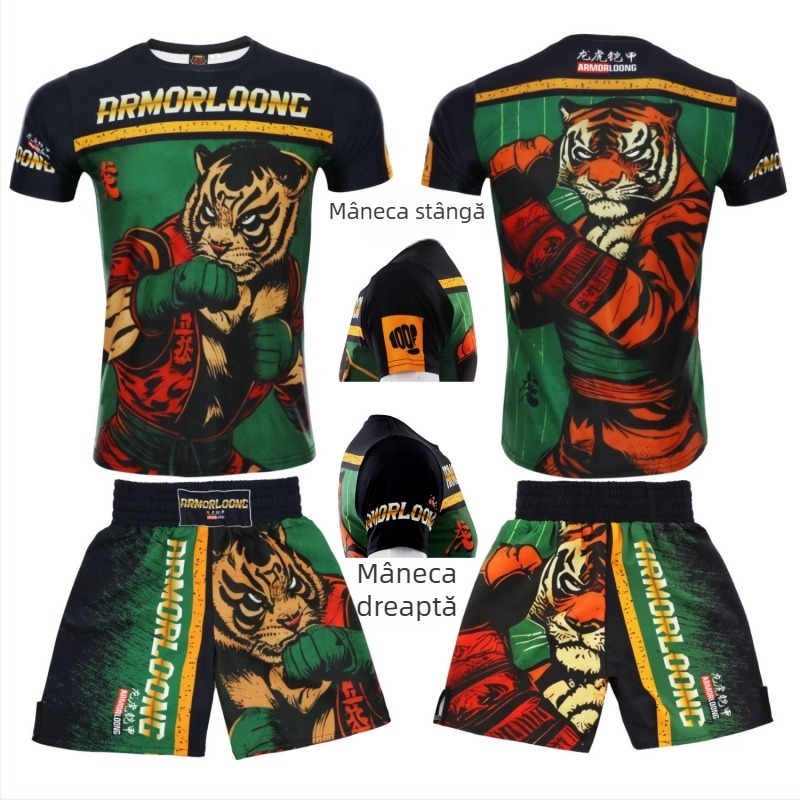 Set de antrenament MMA/Jiu-Jitsu/Muay Thai — imprimat, poliester cu uscare rapidă, unisex, mâneci scurte, guler rotund, îmbrăcăminte fitness pentru toate anotimpurile