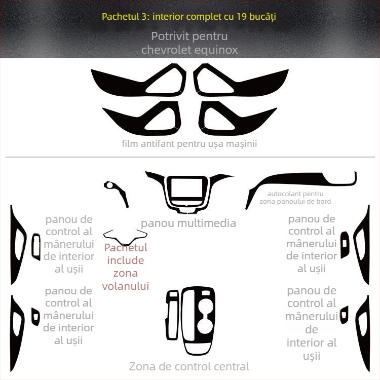Decal interior din fibră de carbon pentru Chevrolet Equinox — textură zgârieturi, montaj magnetic, pentru panourile laterale ale consolei centrale, personalizare disponibilă