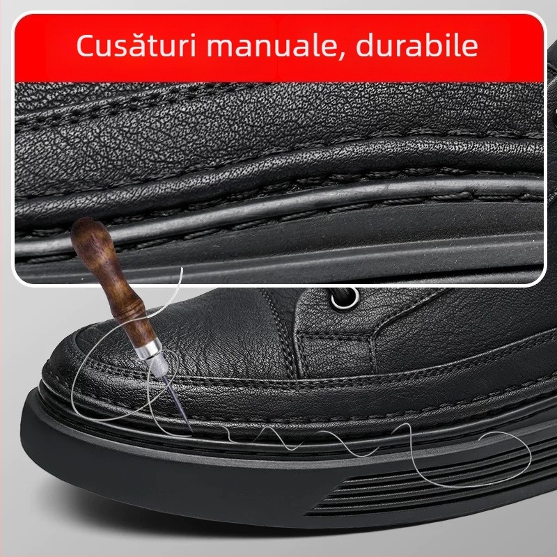 Pantofi sport casual din piele pentru bărbați, partea superioară din piele split, talpă din cauciuc, branț PU, căptușeală din piele de porc, talpă vulcanizată