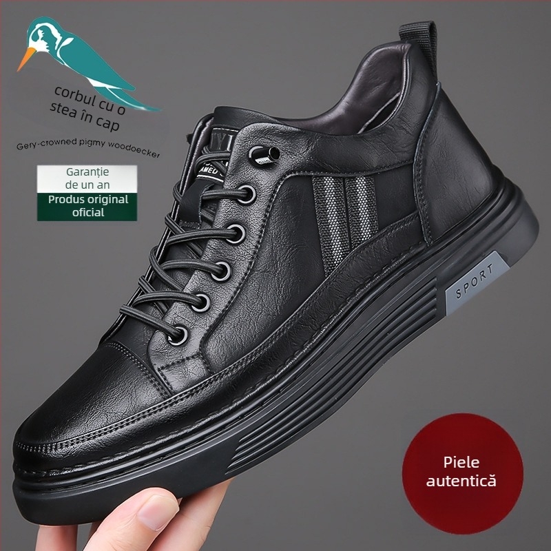 Pantofi sport casual din piele pentru bărbați, partea superioară din piele split, talpă din cauciuc, branț PU, căptușeală din piele de porc, talpă vulcanizată