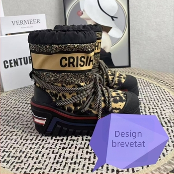 Ghete de zăpadă cu înălțime mare, imprimeu leopard, partea superioară Tarpaulin, talpă din cauciuc, căptușeală din lână de oaie