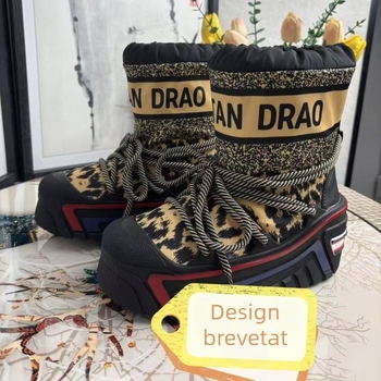 Cizme de zăpadă cu înălțime mare, exterior impermeabil, talpă din cauciuc, branț din lână de oaie, imprimeu leopard, seria Prințesa, iarnă 2025